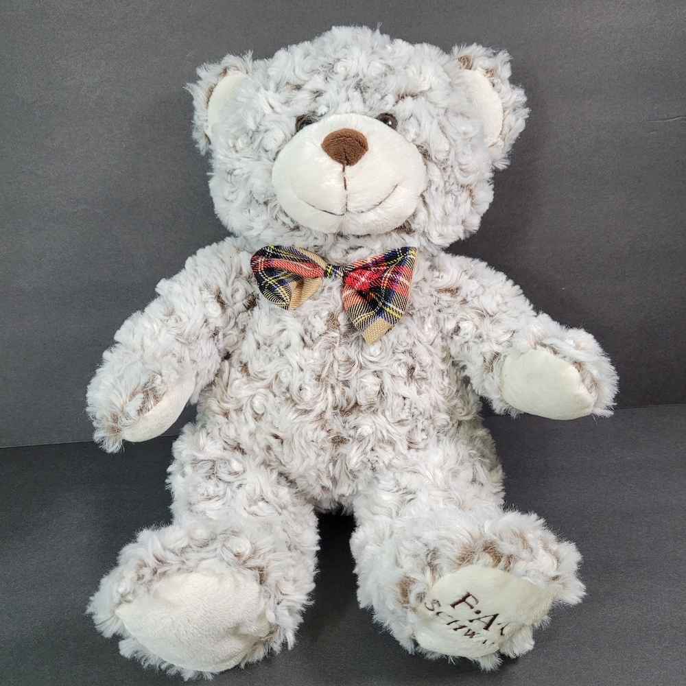 FAO Schwarz Bear 16" Bear White Brown Frosty Tipped Curly Fur with Plaid Bow Tie